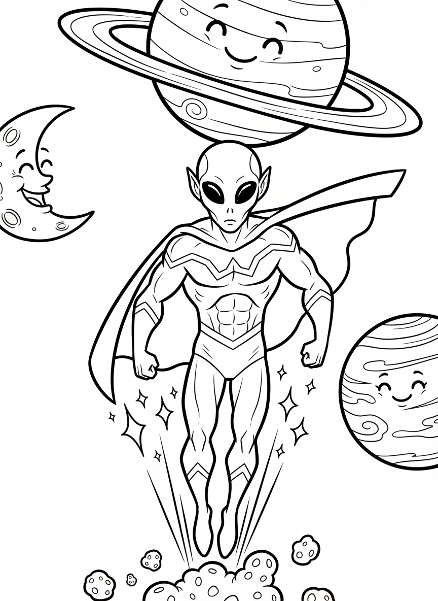 An alien superhero with a cape flying through space, leaving a trail of sparkles and passing by friendly planets