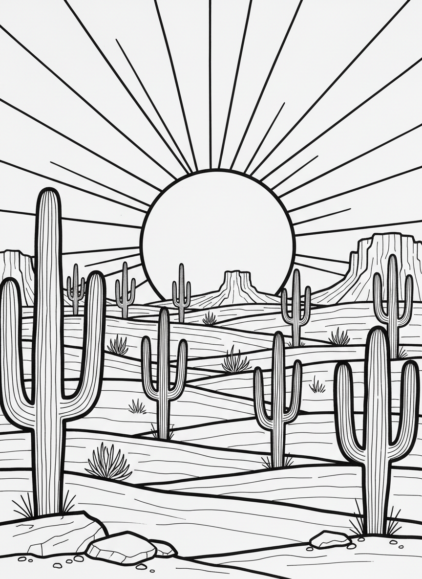 Wide desert vista with multiple saguaro cacti of varying heights, rolling hills, and a bright sun with radiating lines