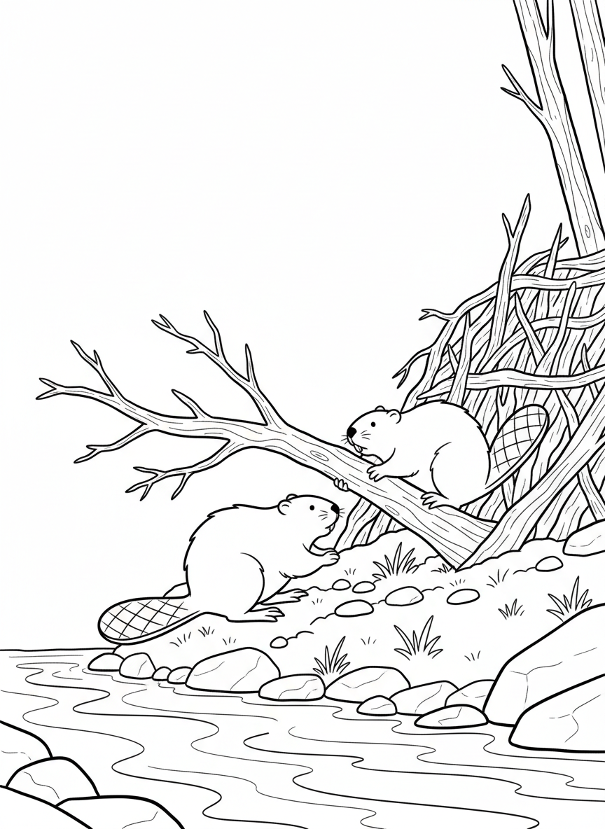 Two beavers working together to drag a large branch toward their dam, teamwork scene with riverbank setting