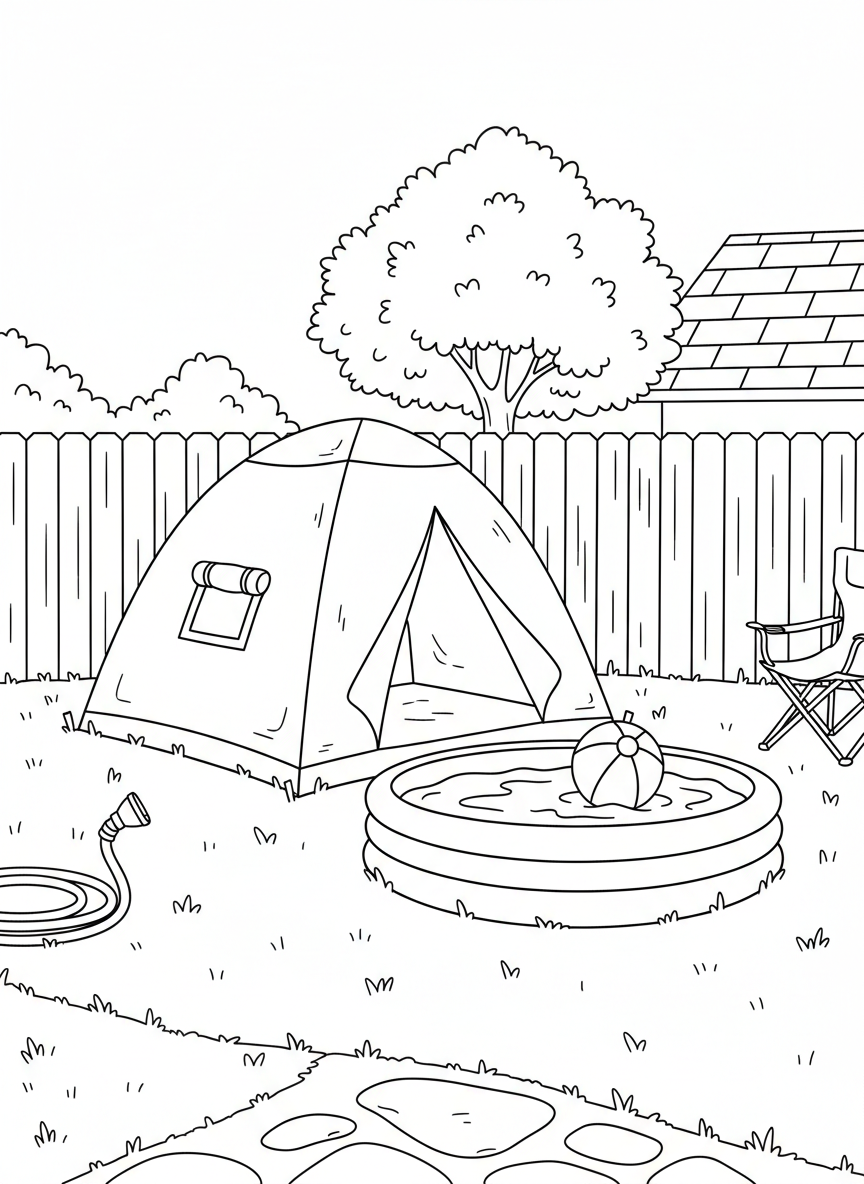 Backyard camping scene with a tent near a small inflatable pool and beach ball, combining camping with summer fun.