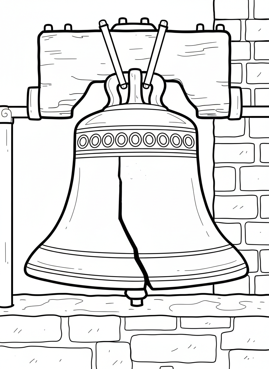 The Liberty Bell with a large crack, shown close-up with simple bold outlines and decorative details on the bell's surface, perfect for coloring.