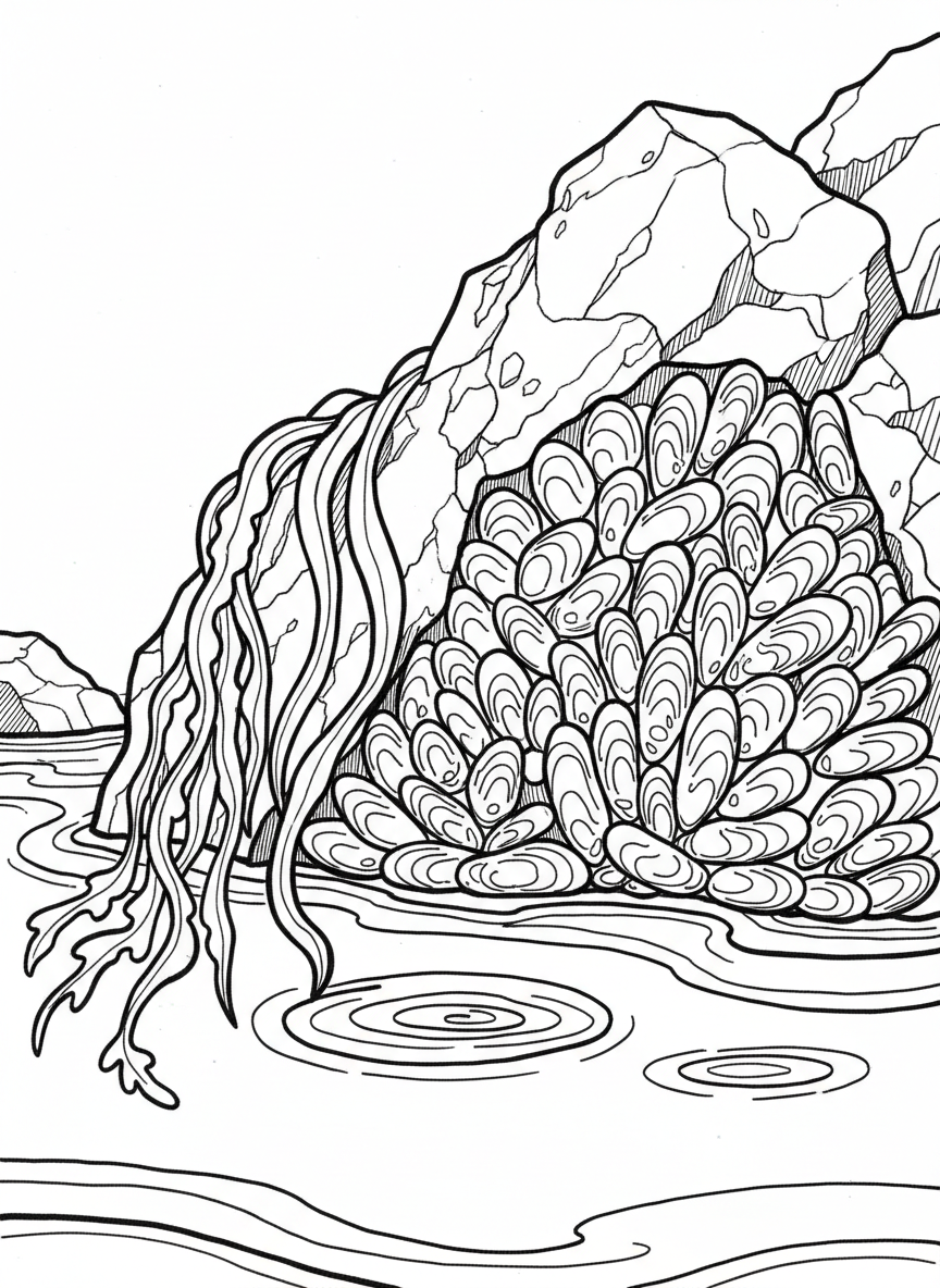 A cluster of mussels attached to a large rock, with seaweed draping over the side and water ripples around them.
