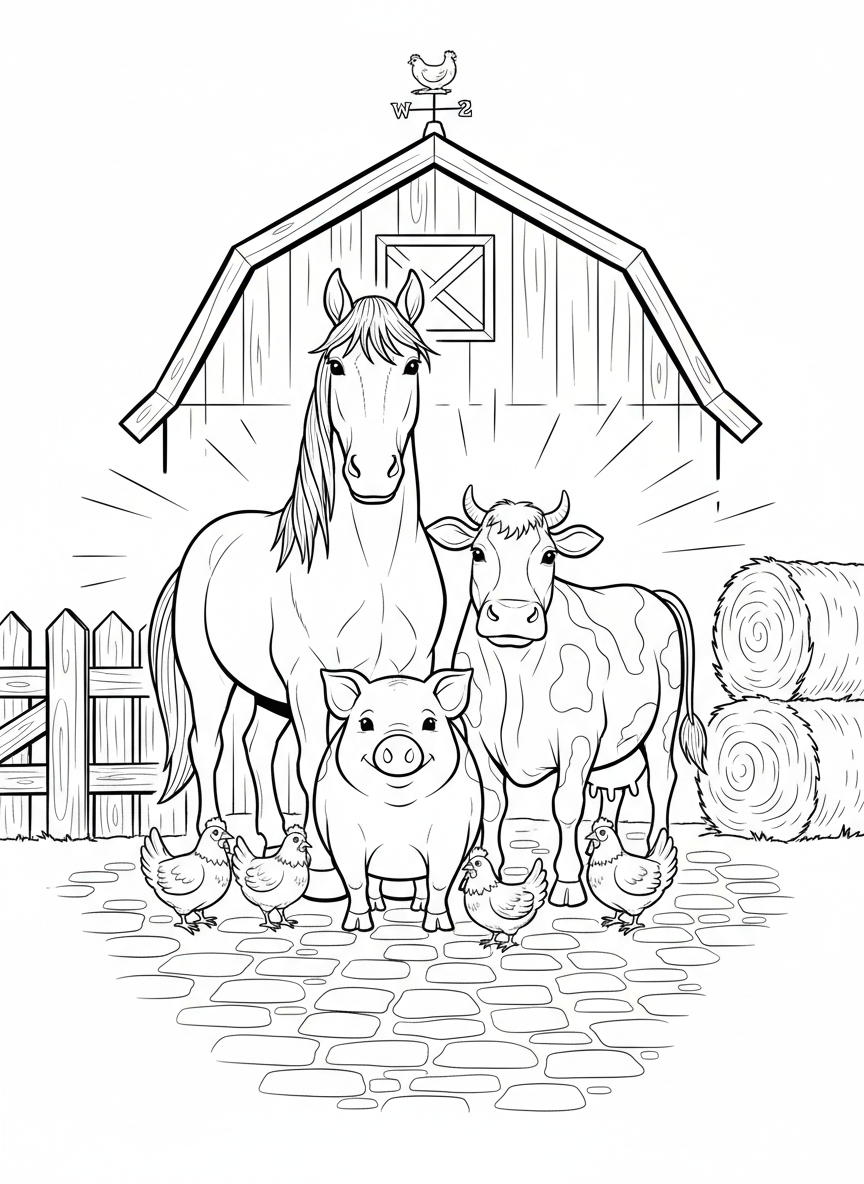 A family of farm animals including a horse, cow, pig, and chickens gathered together in a sunny barnyard.