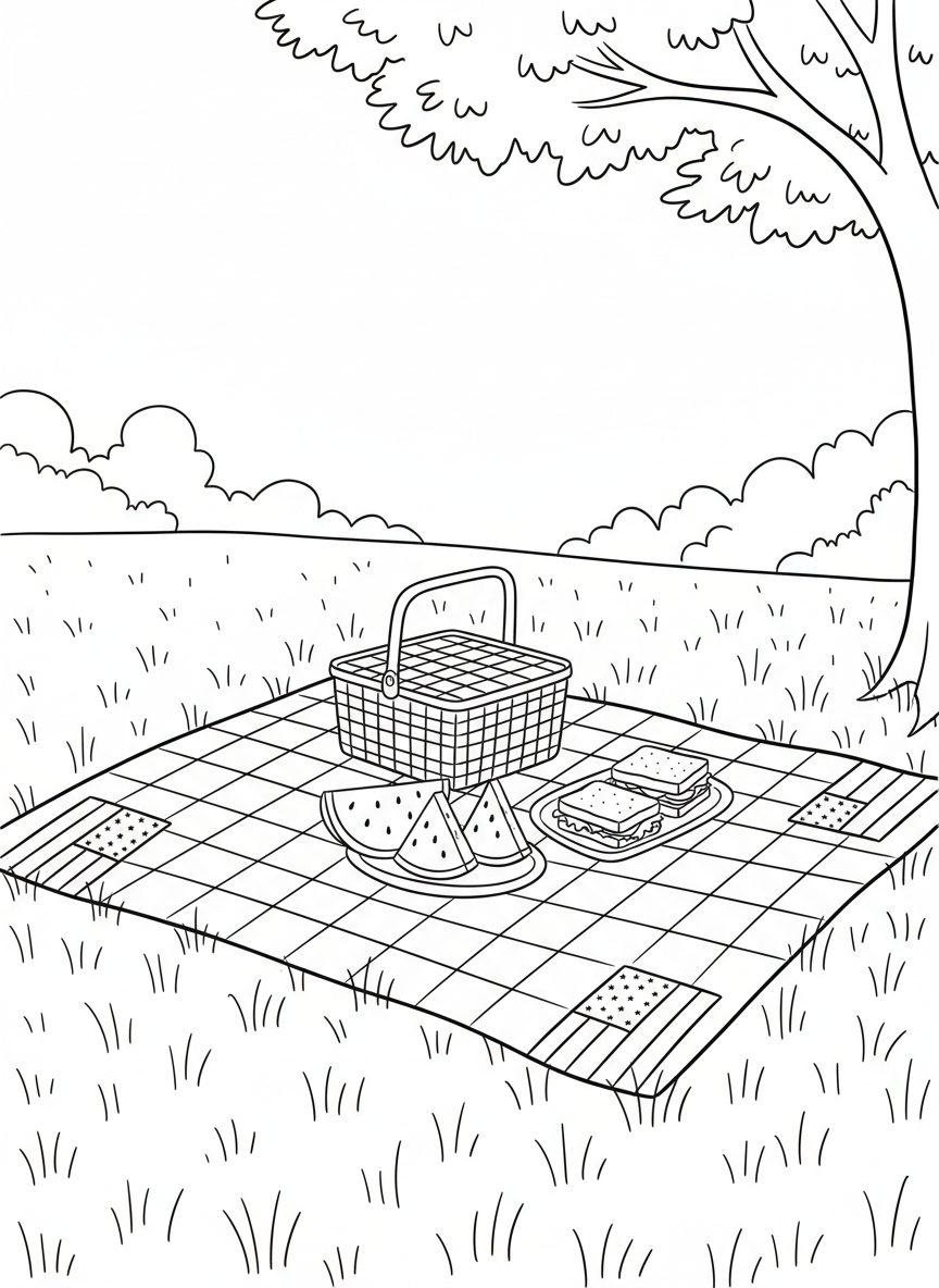 A picnic blanket spread on grass with a basket, watermelon slices, and sandwiches, with American flags decorating the corners of the blanket.