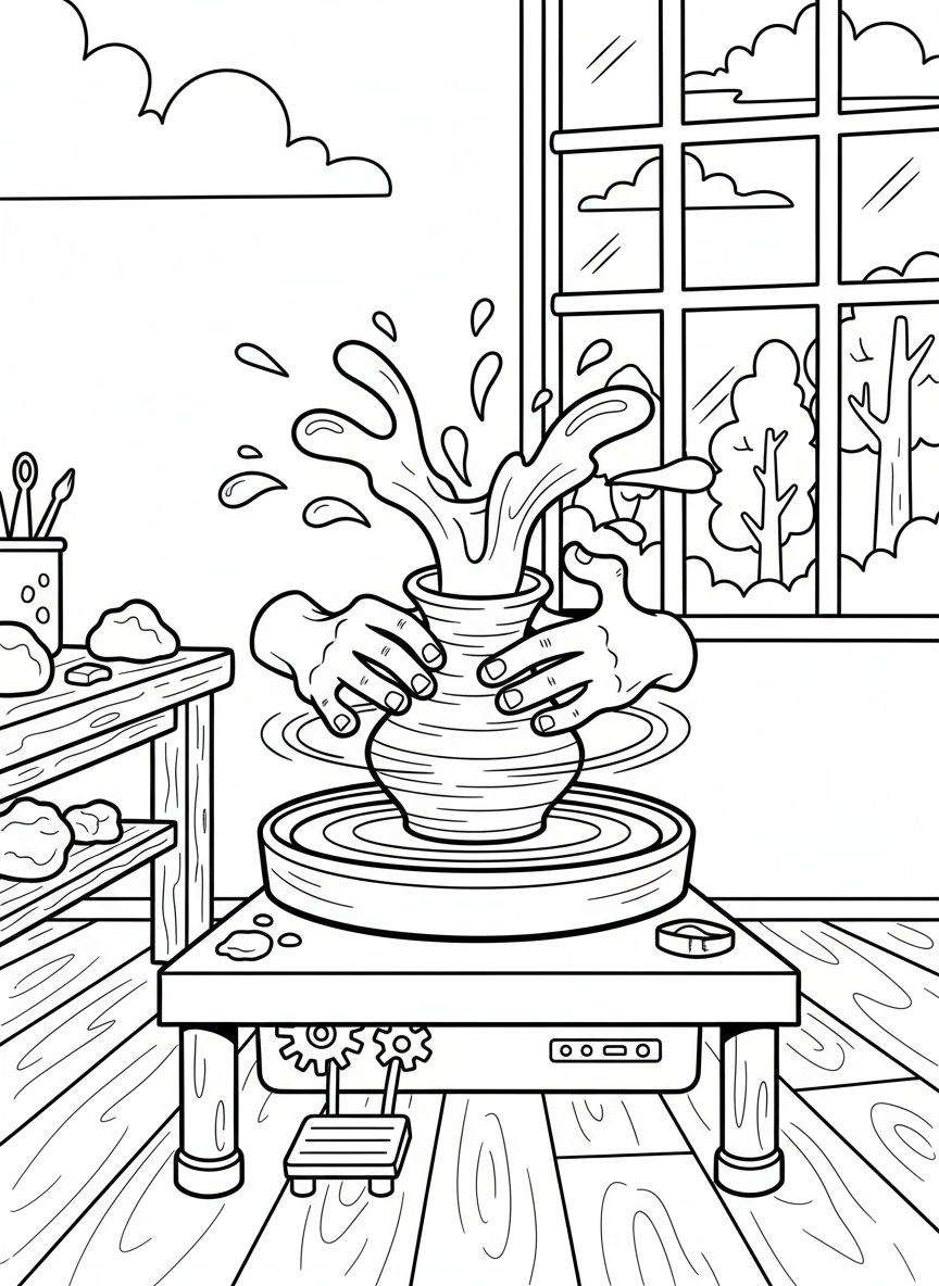 A pottery wheel with a wobbly, funny-shaped vase spinning on it, clay splashing playfully to the sides.