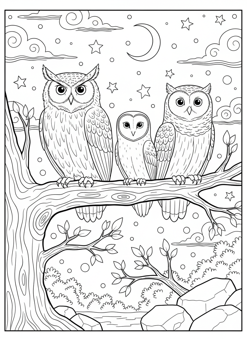 A group of three different owl species sitting on a branch together under a starry night sky.