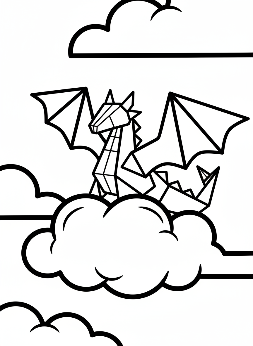 A simple origami dragon with geometric triangular wings spread wide, sitting on a cloud, featuring clean angular folds and basic shapes perfect for young children.