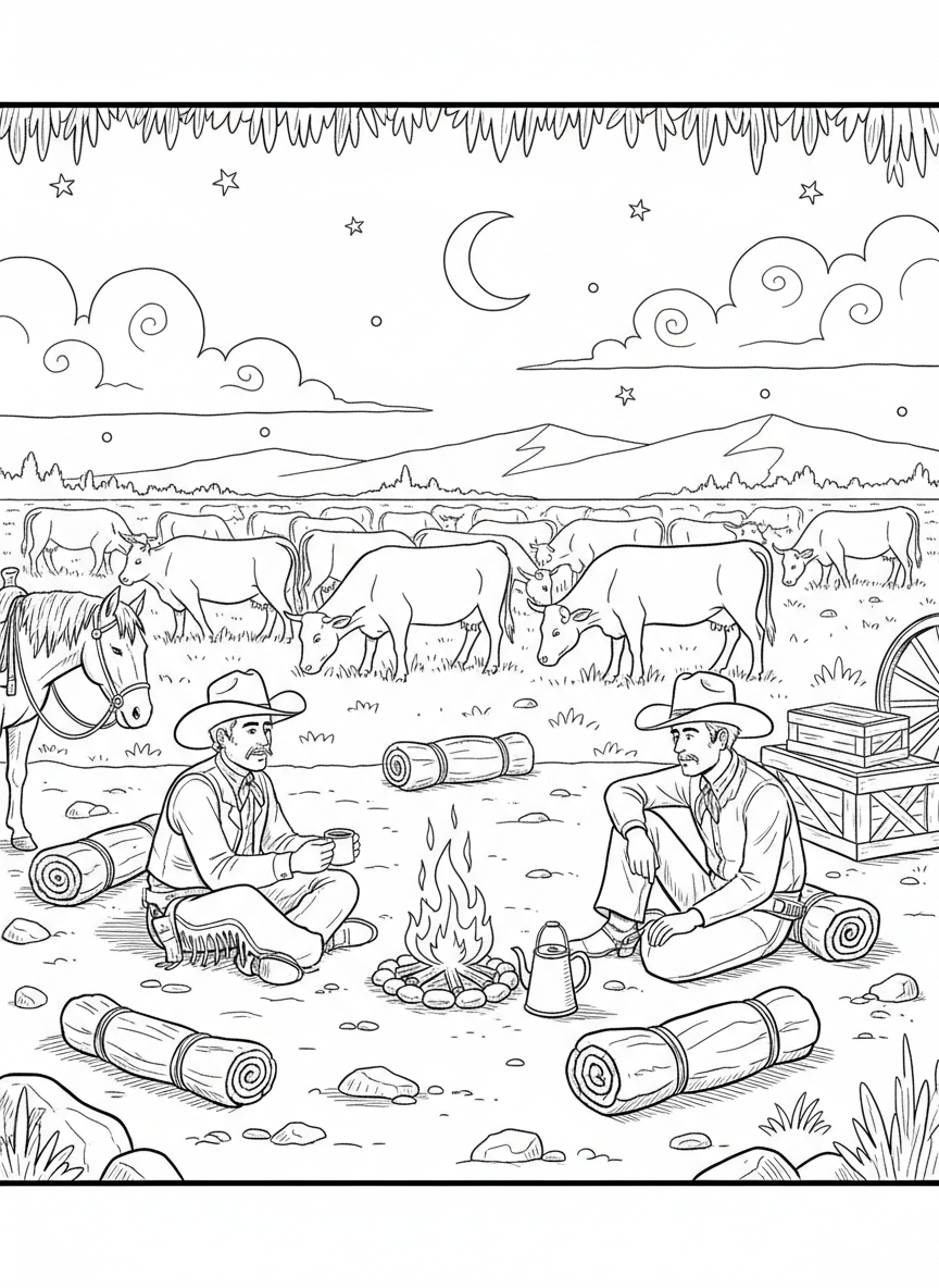 Two cowboys sitting around a campfire under the stars during an Old West cattle drive, with bedrolls and coffee pot nearby
