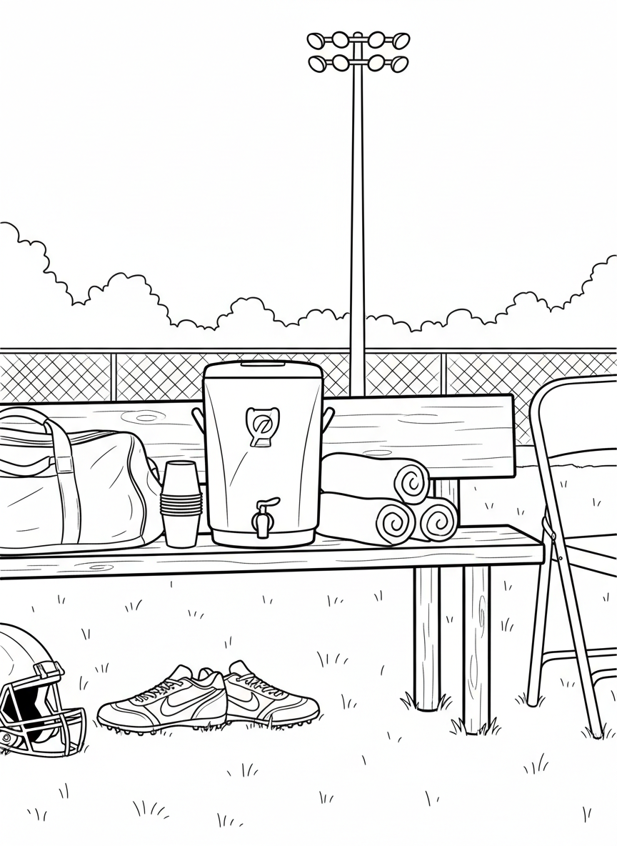 A water cooler with cups and towels on the sideline bench, behind-the-scenes equipment view