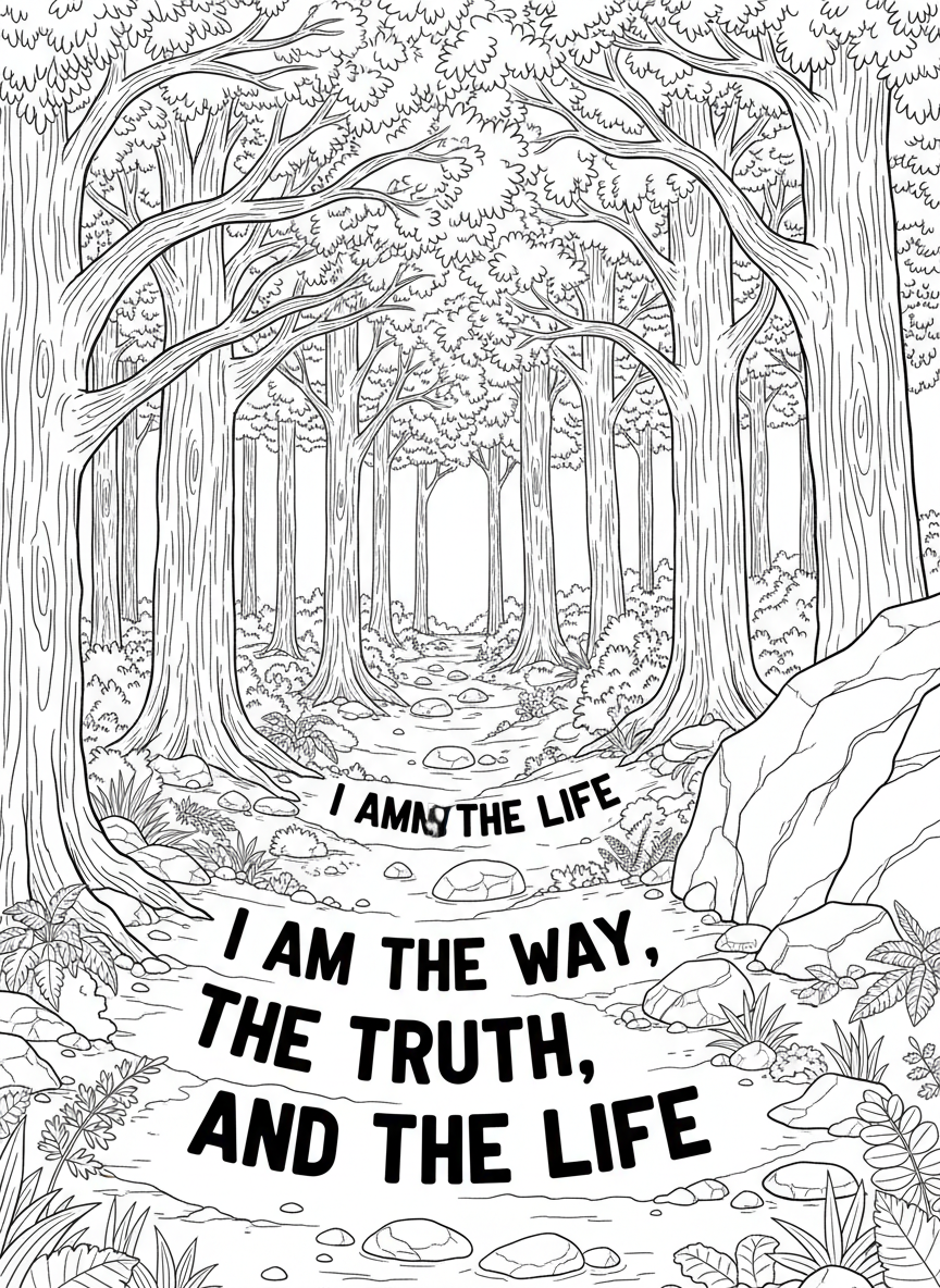 A path winding through a forest with tall trees, featuring 'I am the way, the truth, and the life' along the pathway.