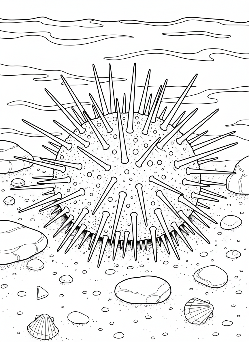 A close-up of a sea urchin with its spines radiating outward, resting on the sandy bottom of a shallow tide pool.