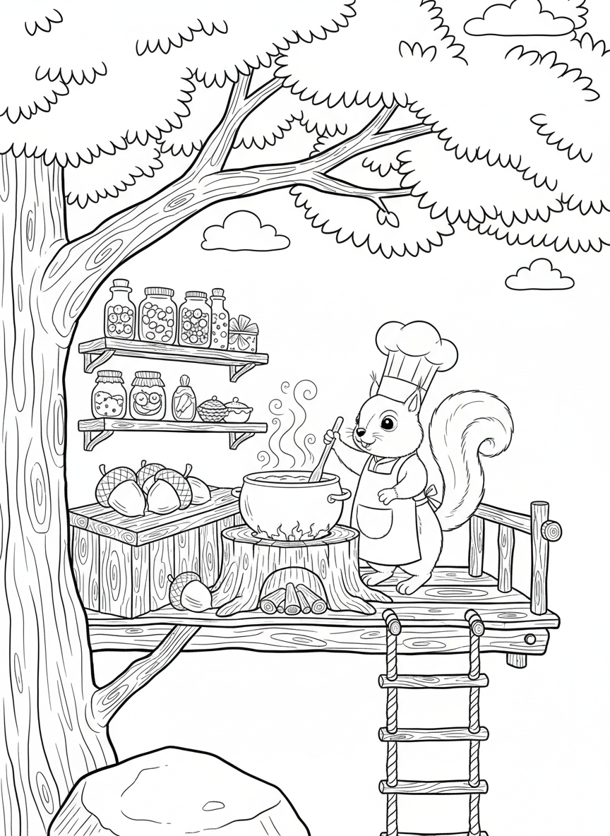 A squirrel chef wearing an apron, stirring a pot on a treehouse stove surrounded by acorn ingredients and wooden shelves.