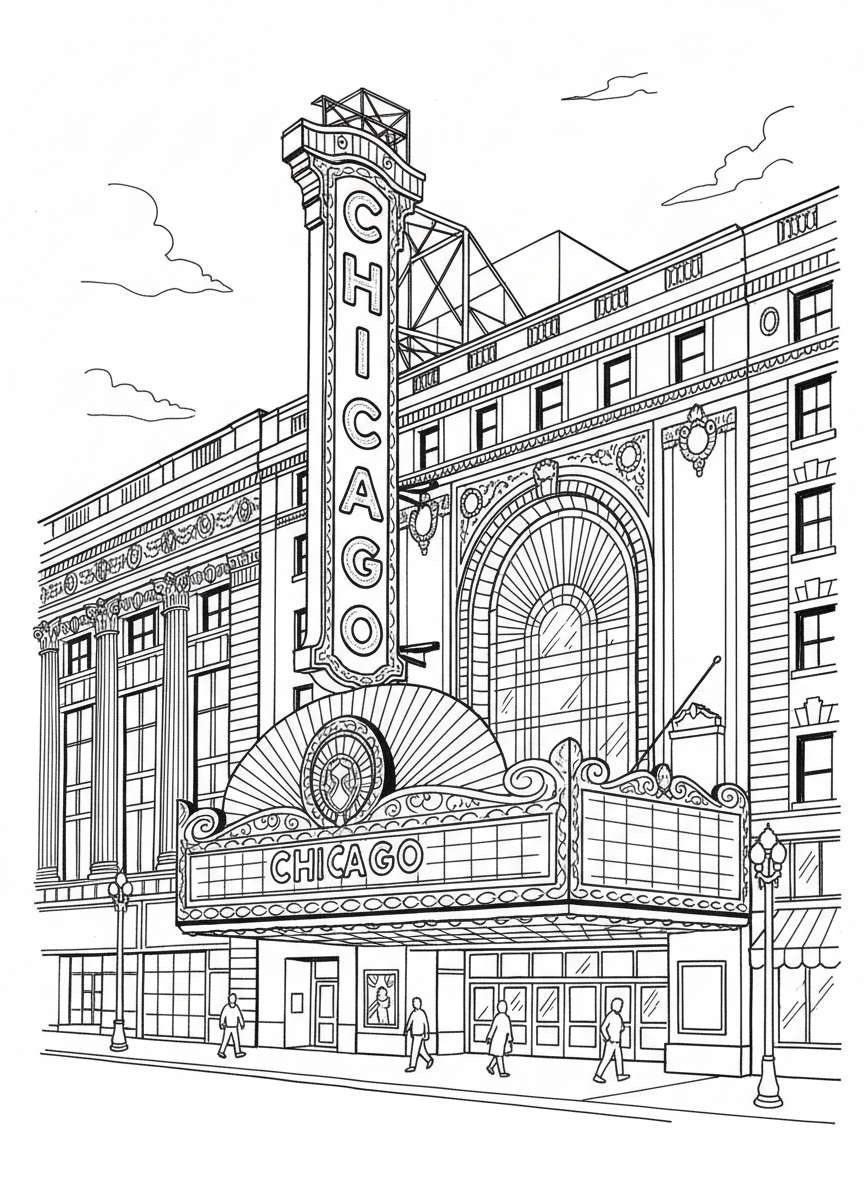 Chicago Theater marquee sign with bright lights and vertical sign, classic art deco details in simple line art