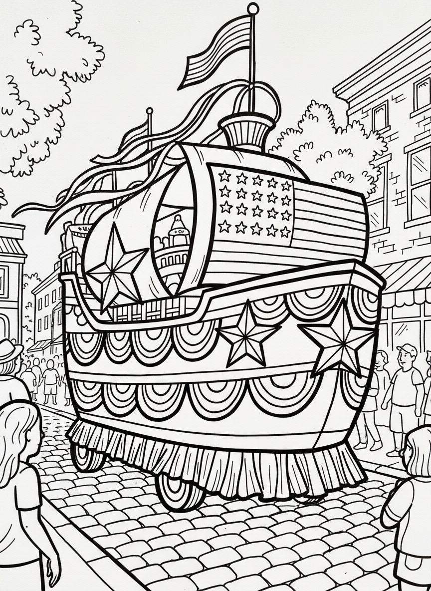 A classic Fourth of July parade float decorated with red, white, and blue bunting, large stars, and flowing ribbons