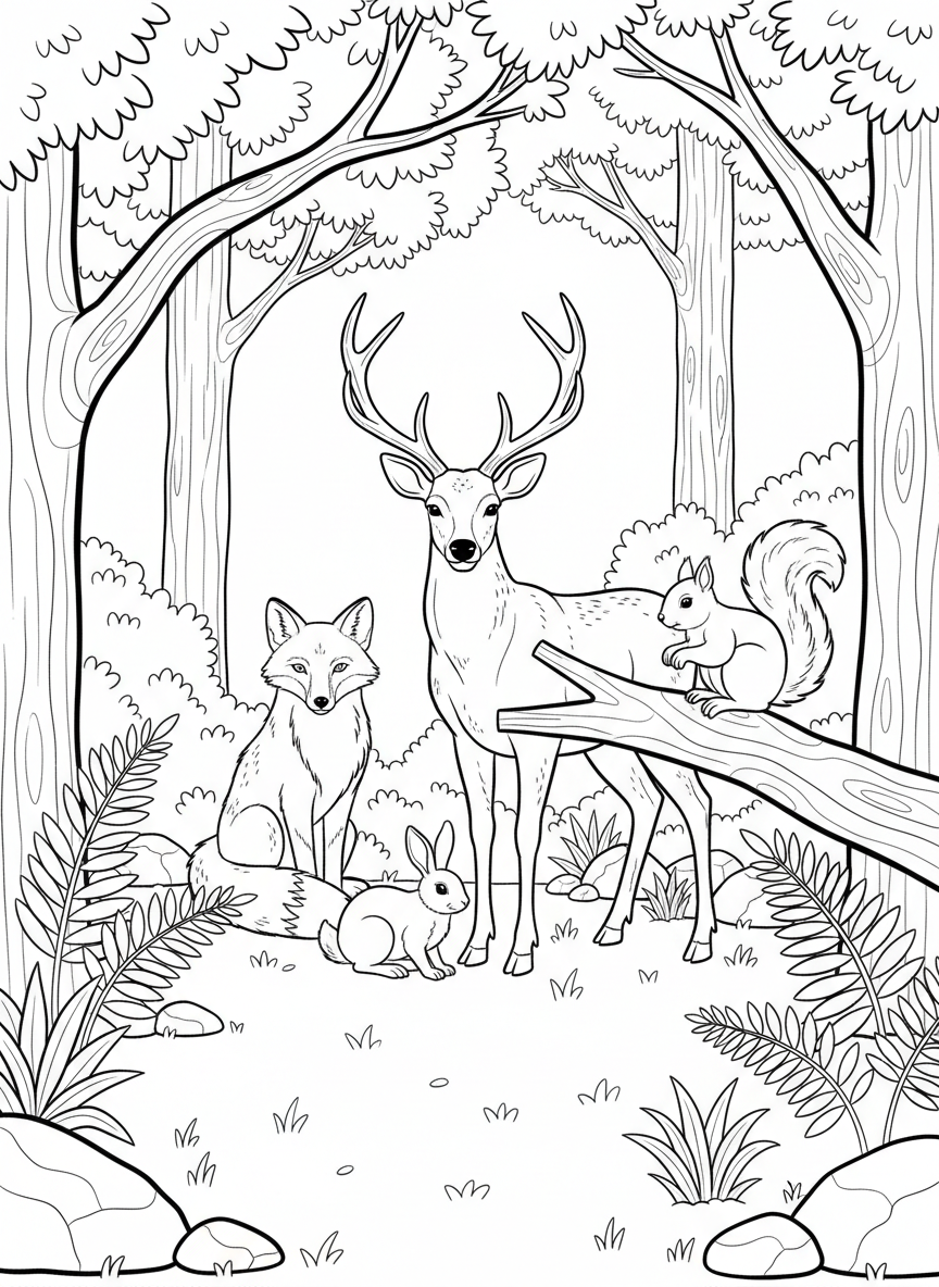 A group of forest animals gathered together including a deer, fox, rabbit, and squirrel in a woodland scene.