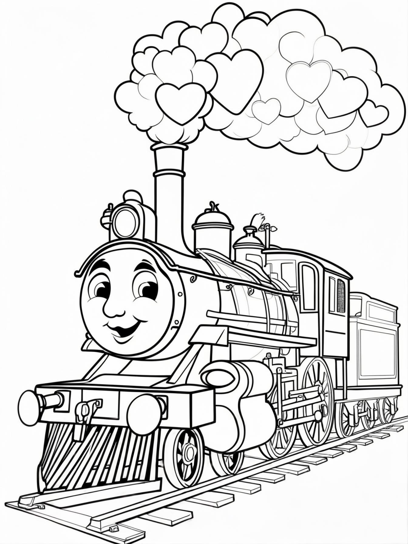 The Happy Engine: A classic steam engine (locomotive) with a big, friendly smiling face on the front, puffing out heart-shaped smoke clouds.