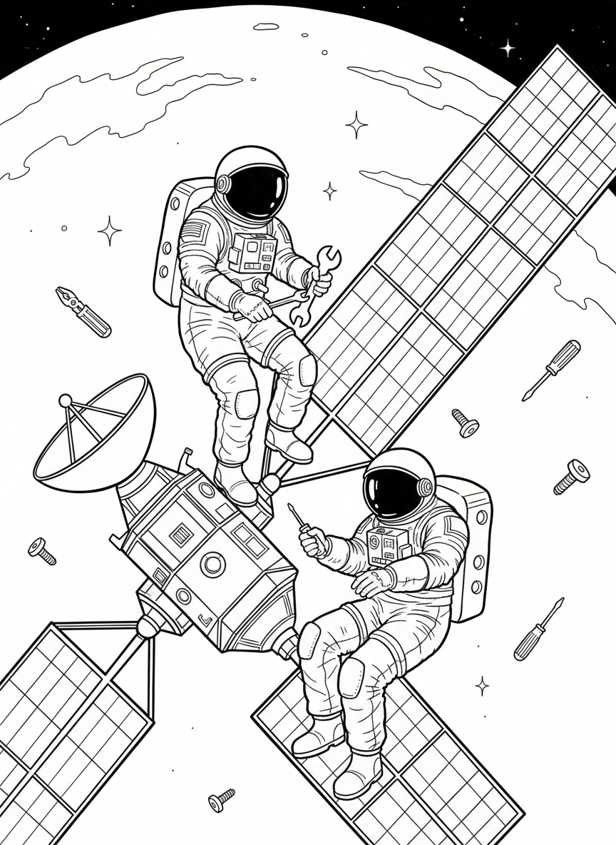 Two astronauts working together to repair a satellite in space, tools floating nearby, detailed scene for older kids