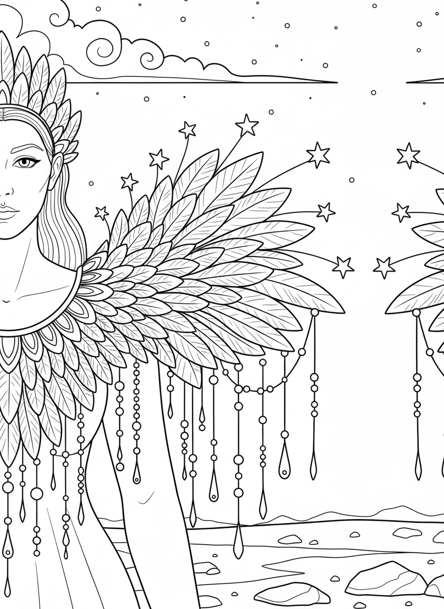 An elaborate shoulder piece costume design with layered feathers, dangling beads, and star decorations extending outward symmetrically.