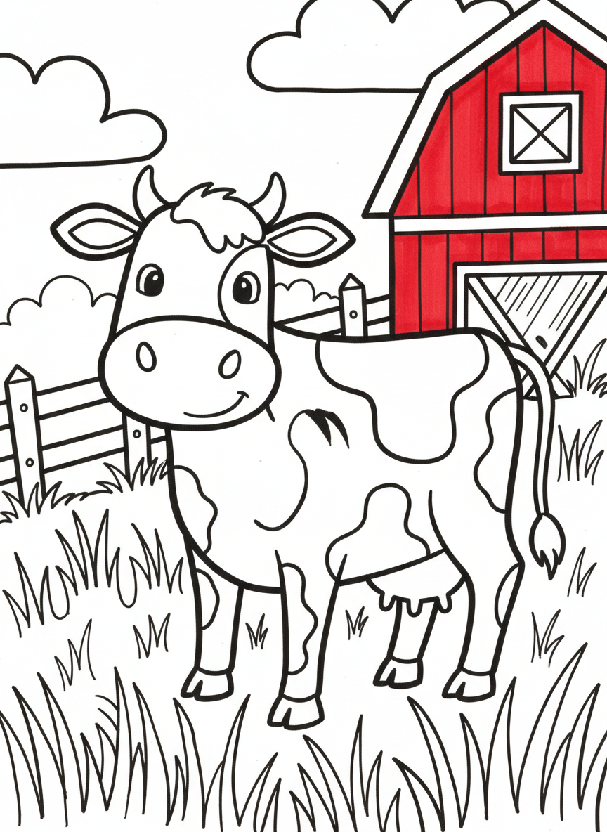 A friendly cow standing in a grassy meadow with a red barn and fence in the background, simple line art for young children.
