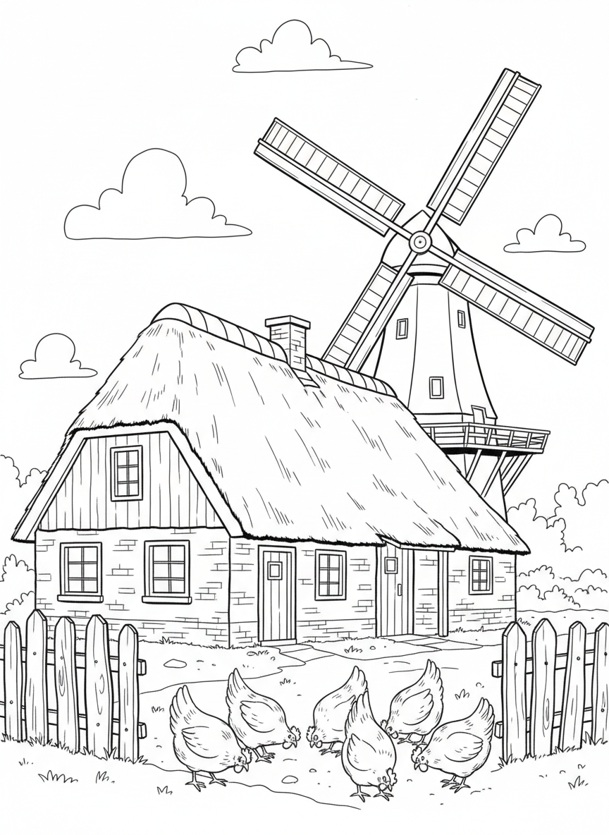 A cheerful Dutch farmhouse with a thatched roof next to a windmill, with chickens and a wooden fence in the foreground.