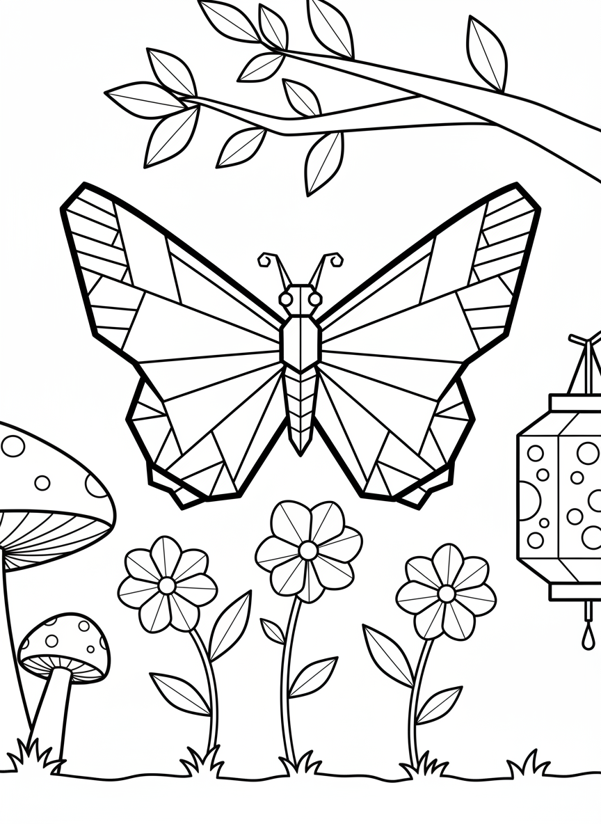 A cute origami butterfly robot with symmetrical angular wings covered in geometric patterns, hovering over simple paper flowers