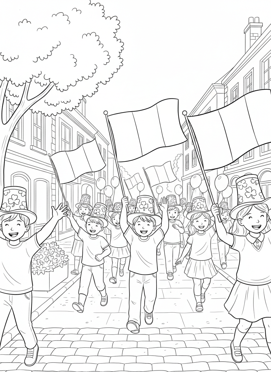 A parade scene with children marching and waving Irish flags, wearing green hats and carrying balloons shaped like shamrocks.