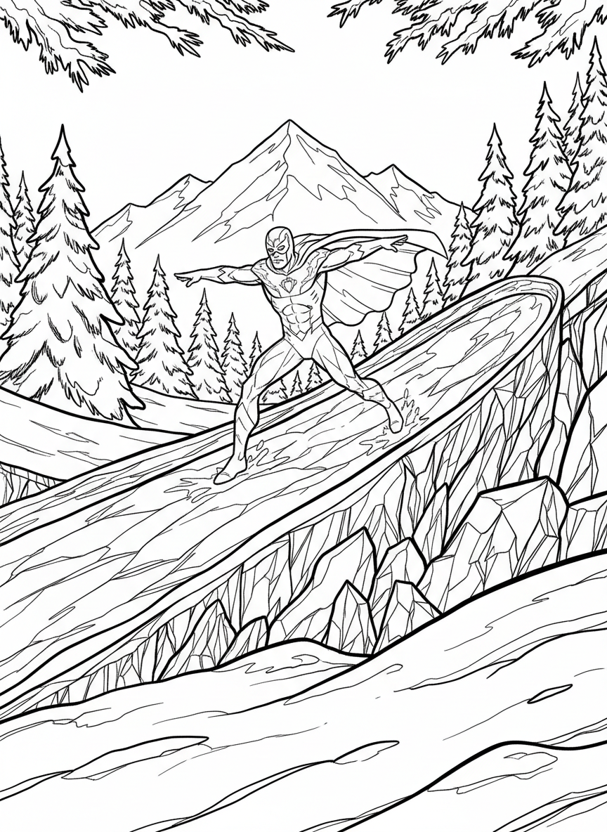 A superhero with ice powers creating an ice slide, skating down it with arms out for balance, winter scene