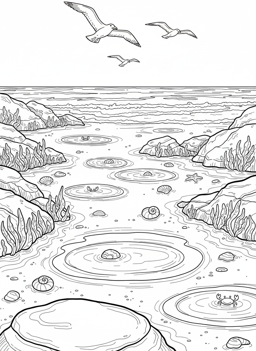 Wide beach scene showing tide pools at low tide, with rocks, seaweed, shells scattered on sand, and seagulls in the sky above