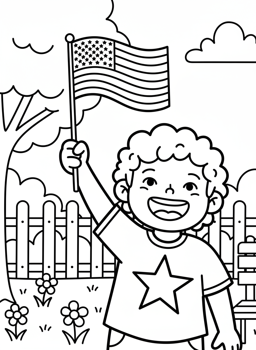Portrait of a smiling child wearing a shirt with a star, holding a small American flag with pride