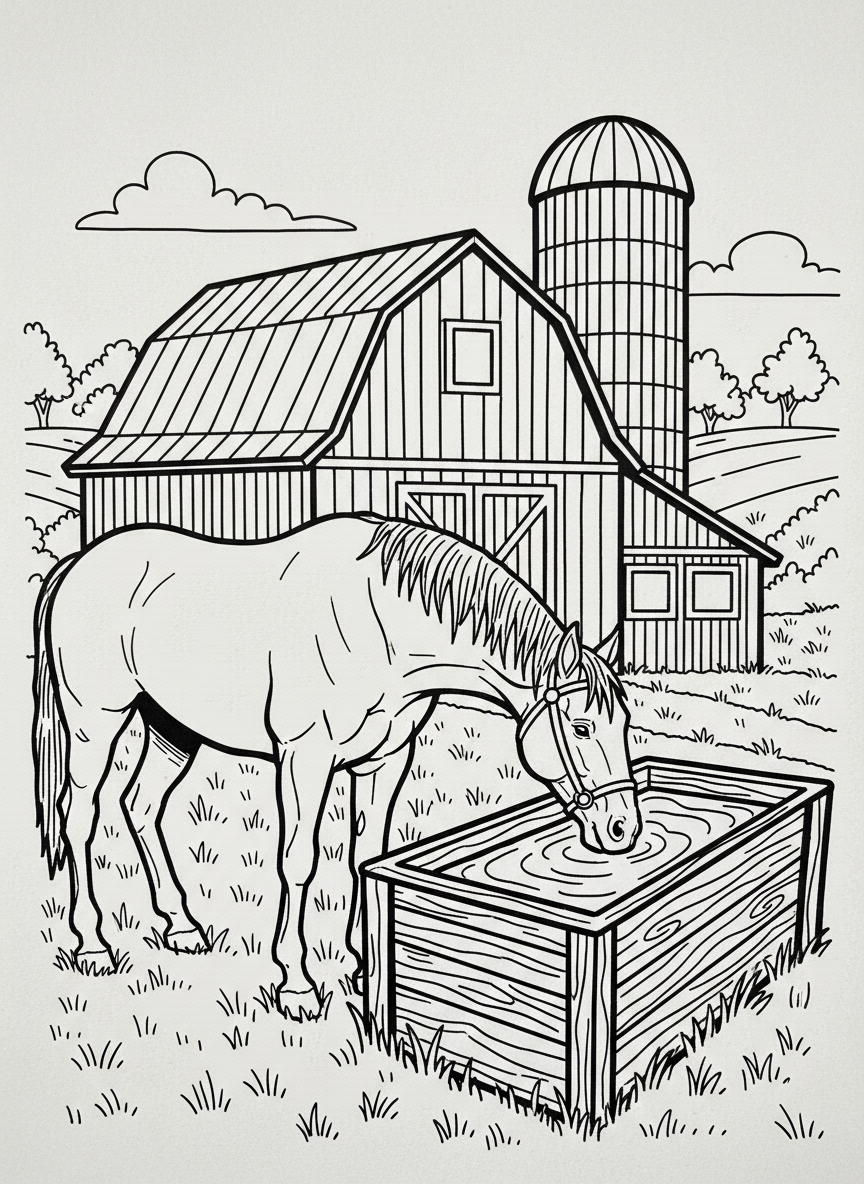 A horse wearing a bridle standing next to a water trough with a barn and silo in the background, detailed line art.
