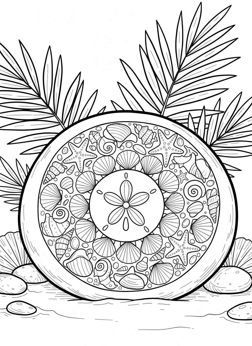 A smooth stone featuring a mandala design made of seashells, starfish, and sand dollars arranged in a circular pattern