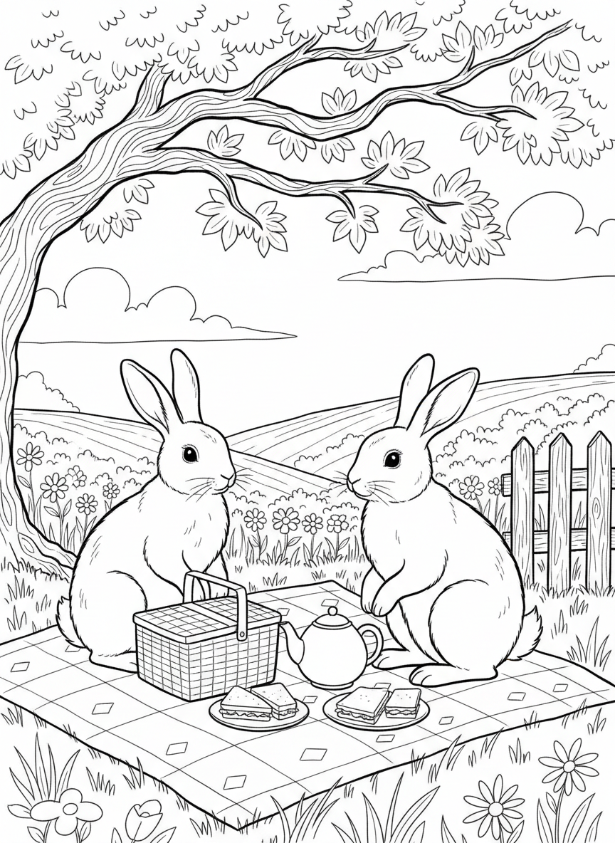 Two rabbits having a picnic tea party on a blanket with a basket, teapot, and finger sandwiches, outdoor scene