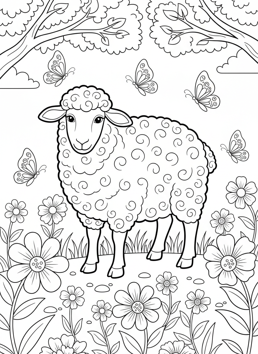 A sheep with fluffy wool standing in a pasture with flowers and butterflies, gentle and simple coloring page design.