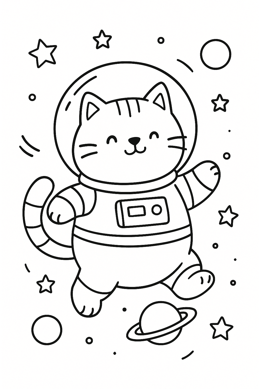 A chubby cat dressed as an astronaut, floating with a fishbowl helmet in space.