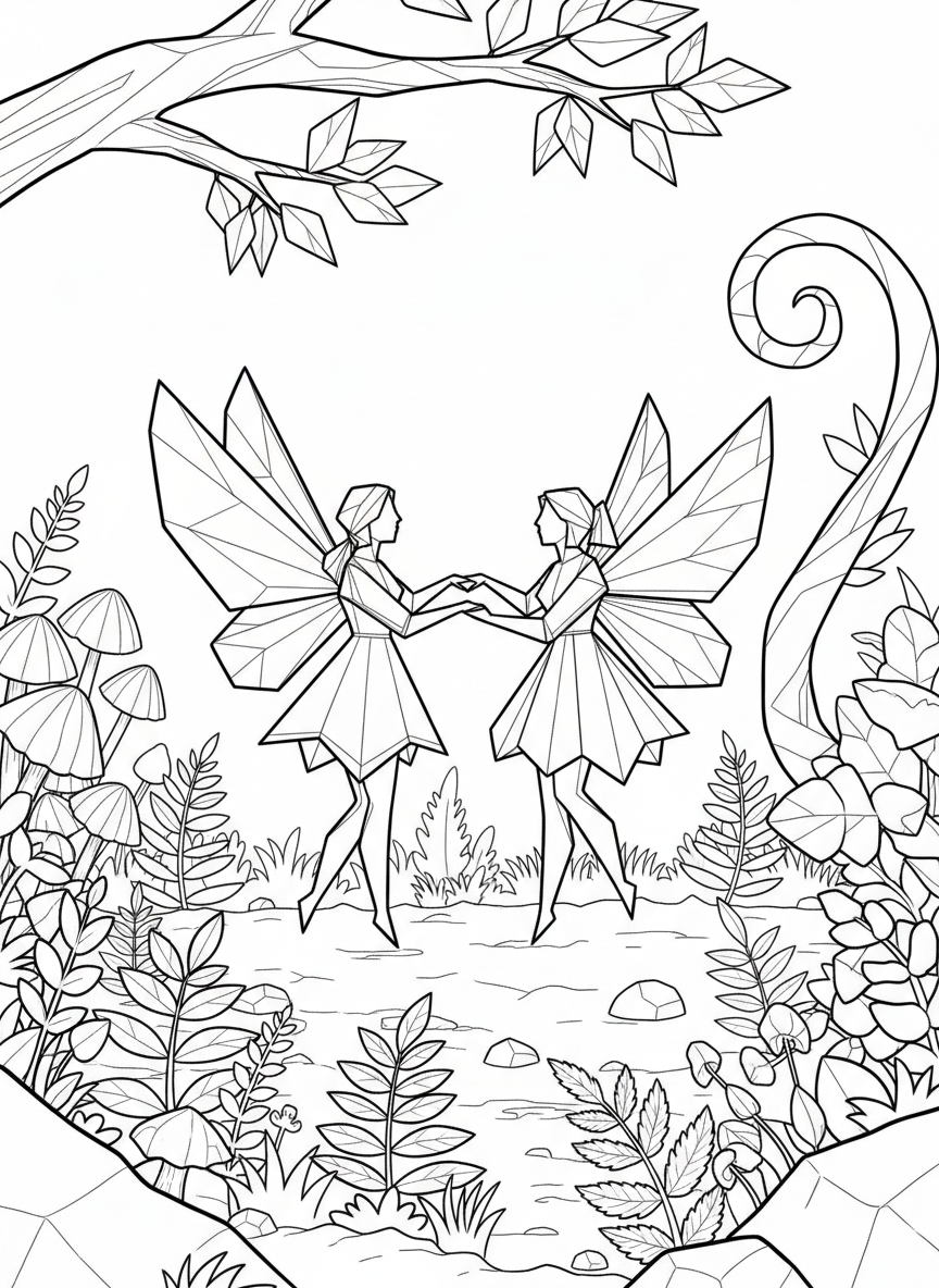 Two origami fairies holding hands in a woodland clearing, both with different wing shapes, dancing among paper-folded ferns