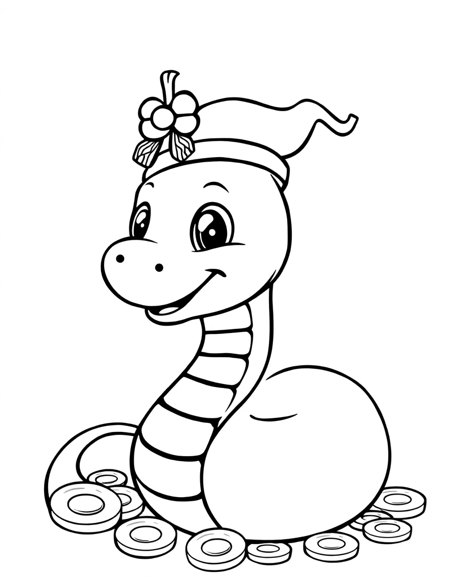 Year of the Snake: A cute, friendly cartoon snake (Year of the Snake 2025) wearing a festive hat and smiling, surrounded by coins.