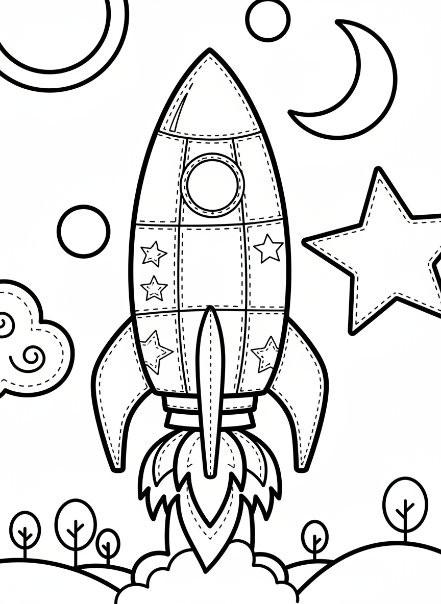 A charming hand-stitched style rocket ship with patchwork panels, launching toward stars and moon, simple line art coloring page