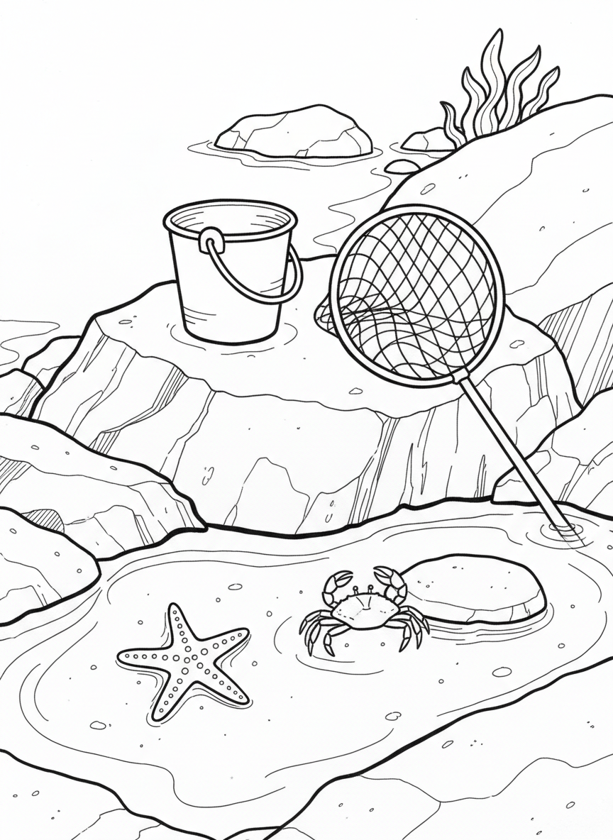 Simple bucket and net on a rock beside a tide pool containing a visible starfish and crab, beach exploration theme