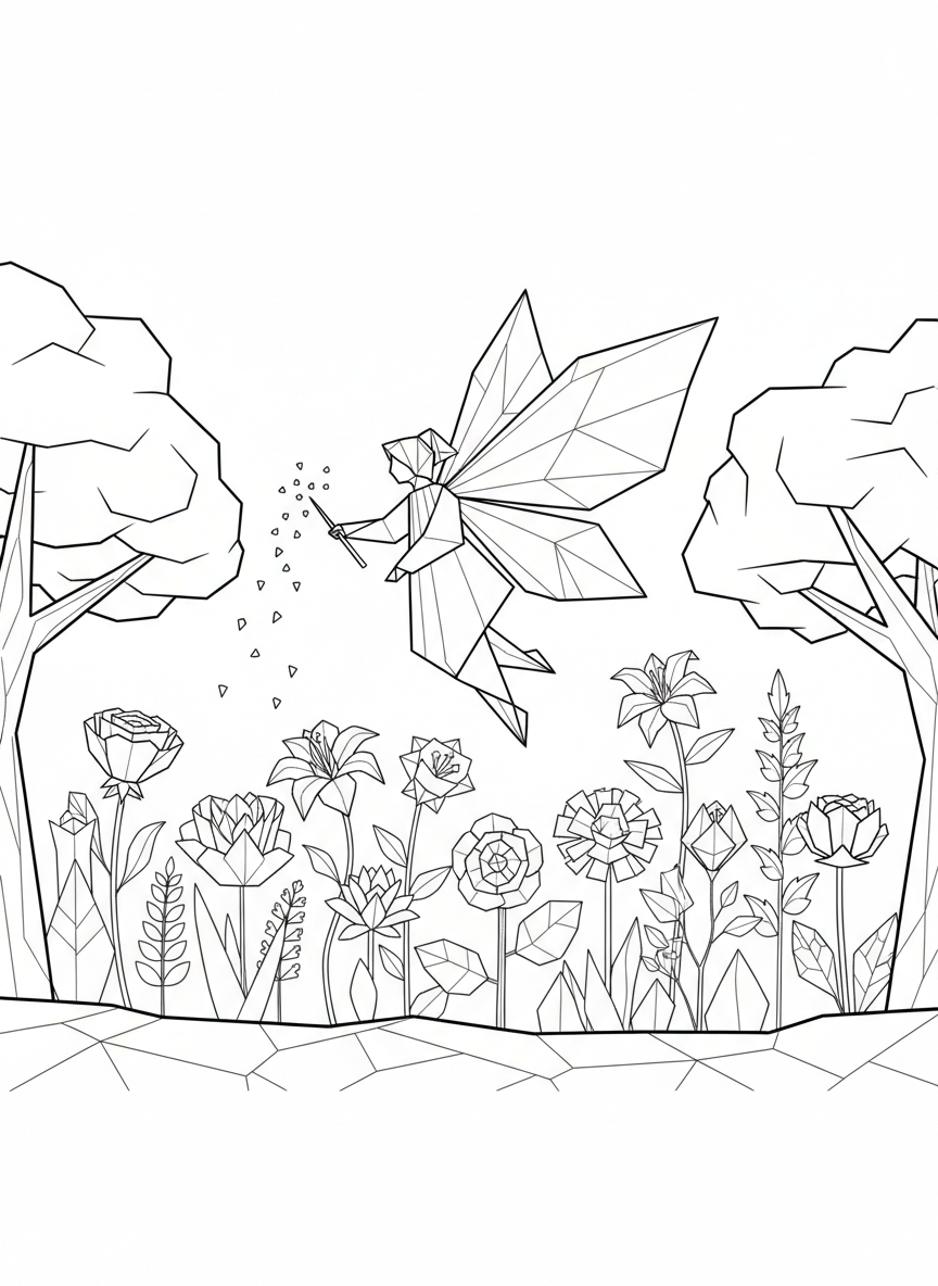 An origami fairy sprinkling magic dust from her wand over a garden of geometric paper flowers and plants