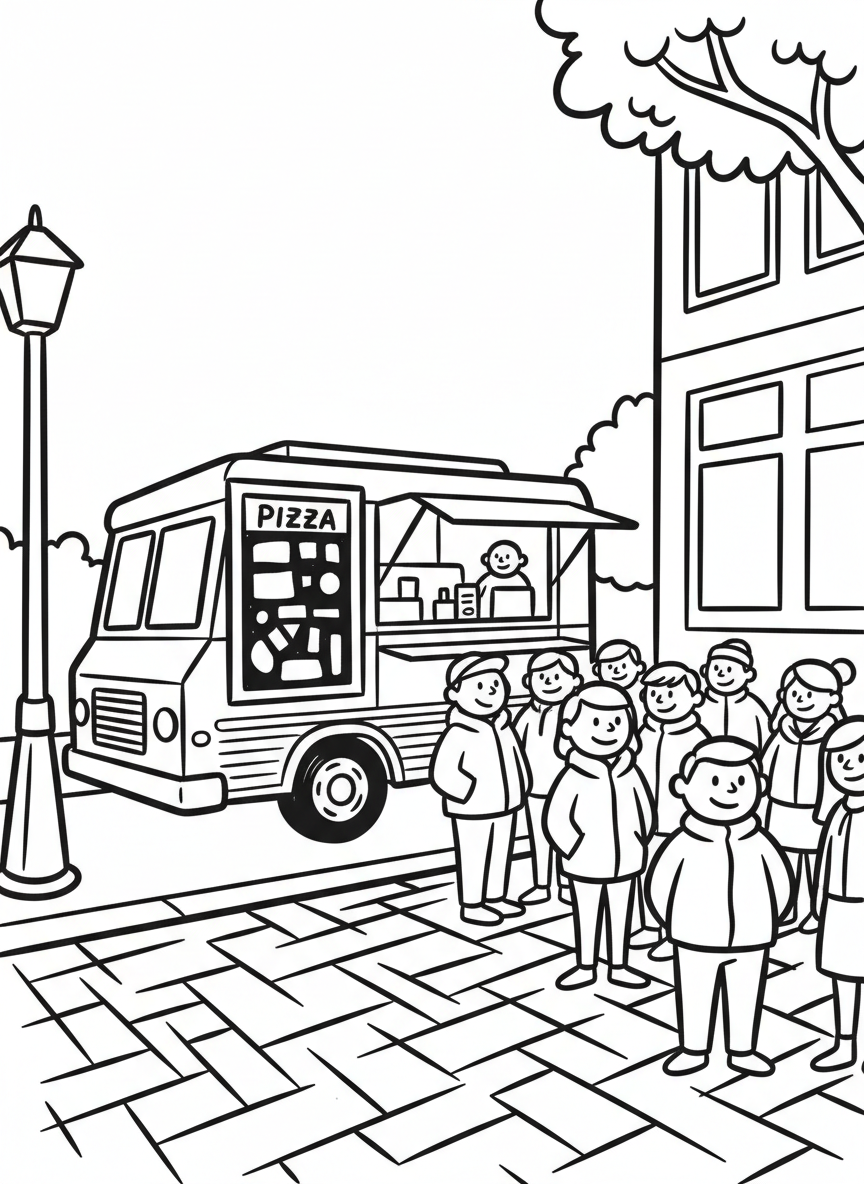 A pizza food truck with serving window, menu board, and happy customers waiting in line, street scene