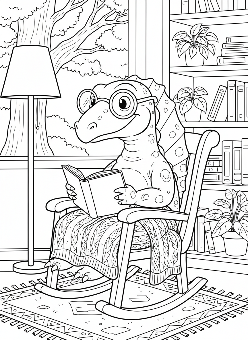 A friendly Dimetrodon wearing glasses, sitting in a rocking chair with a knitted blanket, cozy reading nook scene