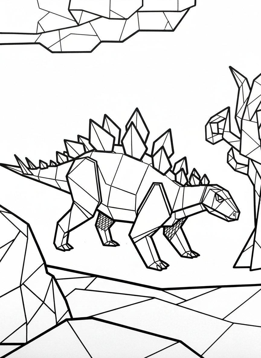 An origami Kentrosaurus with geometric spikes along its back and tail, featuring sharp angular shapes and clear paper fold patterns.