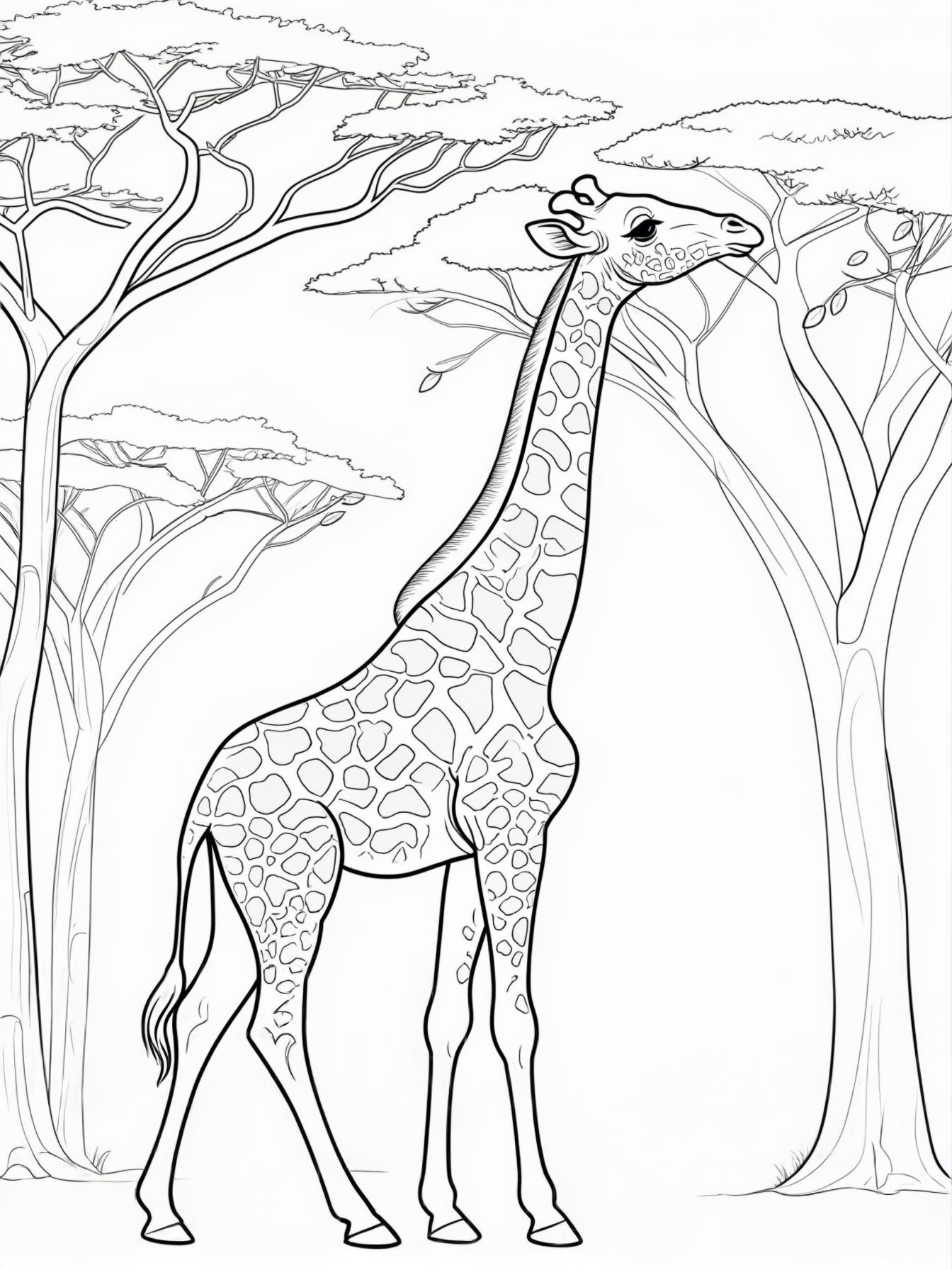 A giraffe reaching for leaves, tall acacia trees around
