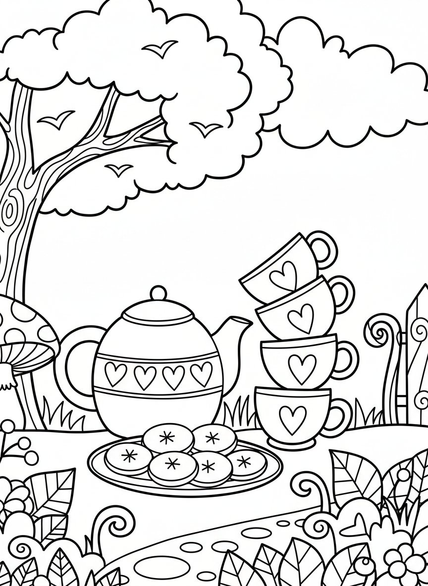 Simple teapot with heart designs next to stacked teacups and a plate of round cookies, easy design for young children