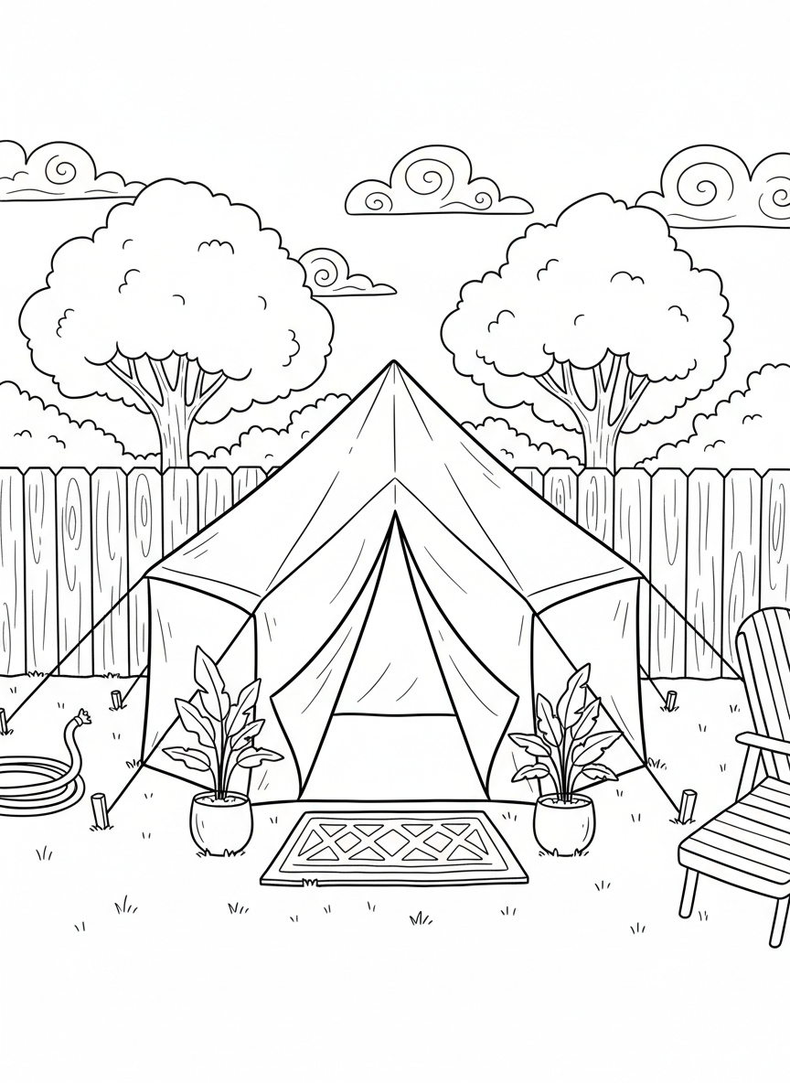 Simple scene of a rectangular tent with a welcome mat in front and potted plants on either side in a backyard setting.