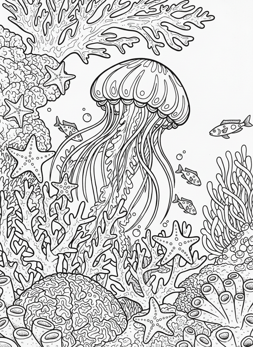 A detailed underwater scene showing a coral reef at night with several bioluminescent creatures including jellyfish, small fish, and sea stars glowing softly.