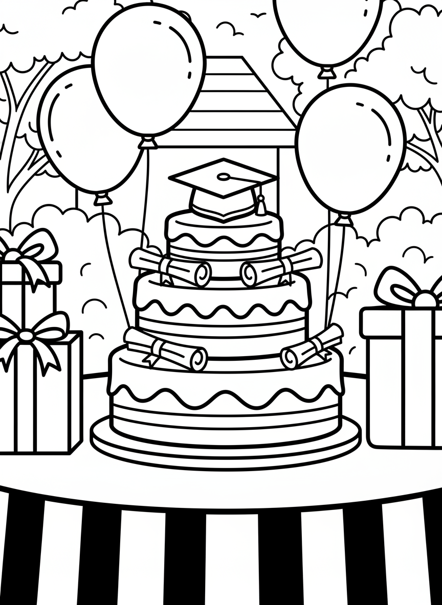 A festive graduation party table with a cake decorated with caps and diplomas, balloons, and wrapped presents.