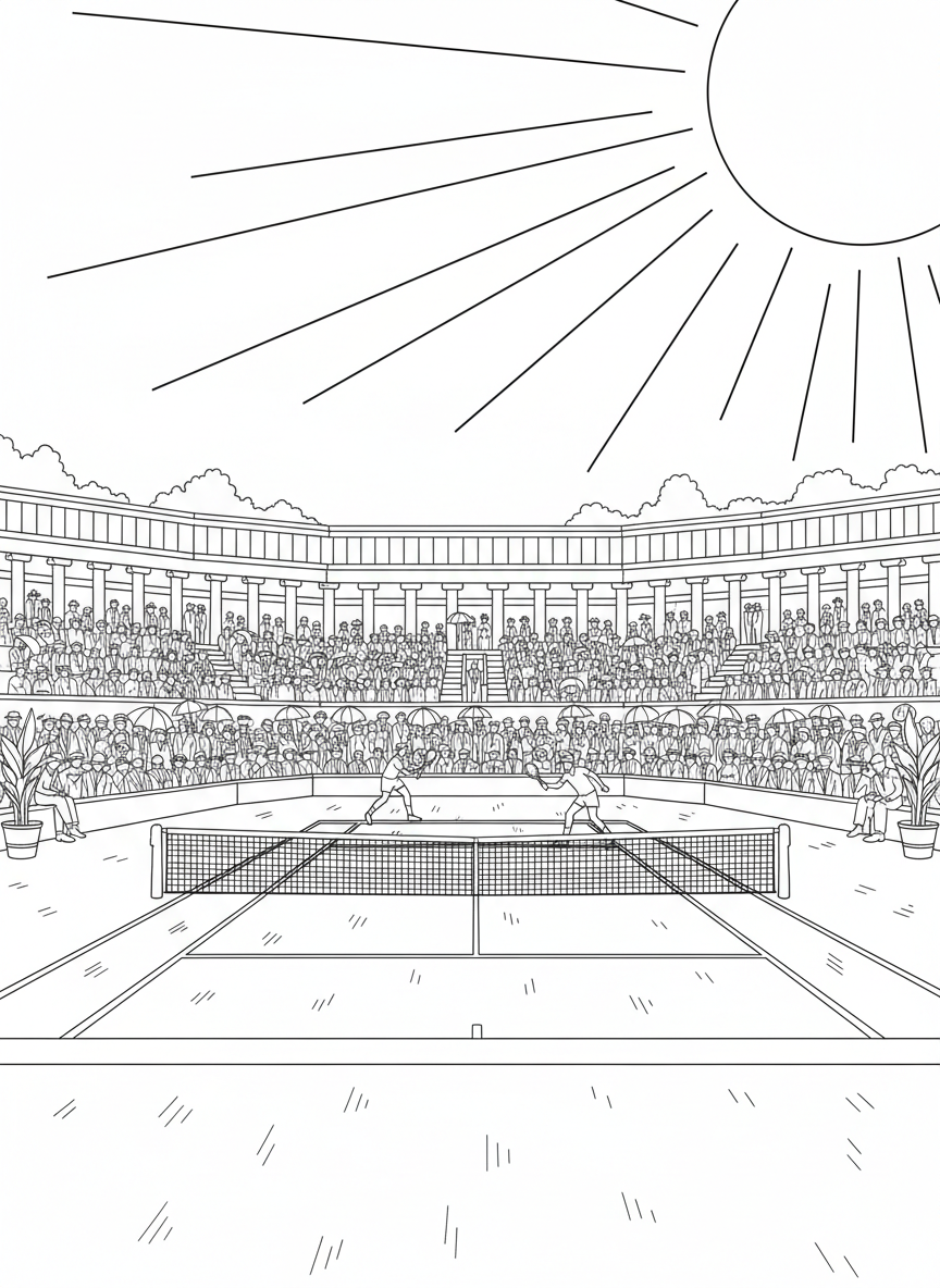 Wimbledon Finals coloring page prompts capturing tradition, grass courts, elegant crowds, and championship tennis drama.	The Wimbledon Centre Court bathed in summer sunlight, perfectly trimmed grass glowing as spectators sit quietly in anticipation.