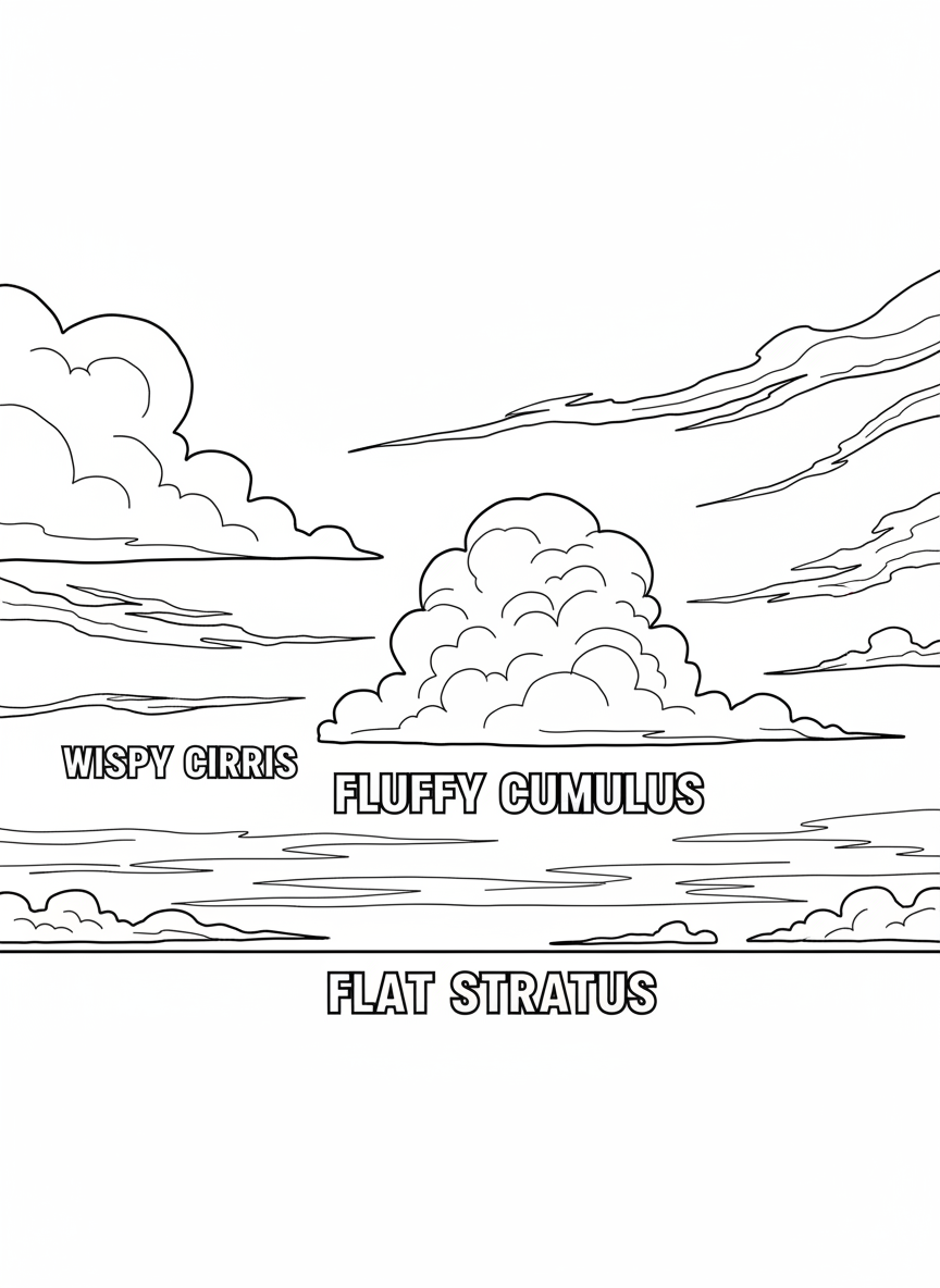 Clouds of different types in the sky labeled simply: fluffy cumulus, wispy cirrus, and flat stratus clouds for weather learning.