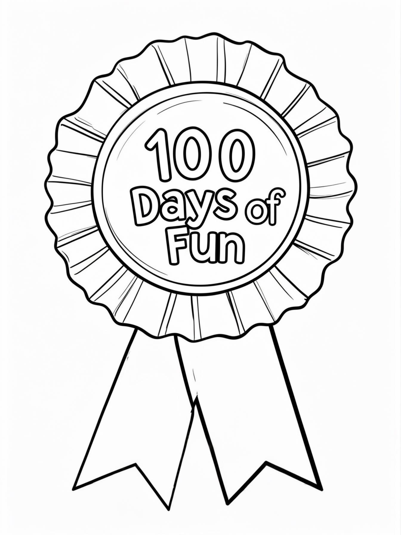 Award Ribbon: A large prize ribbon design that says "100 Days of Fun," perfect for coloring and cutting out as a badge.